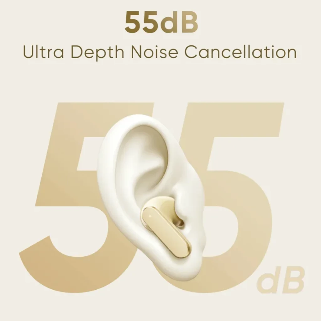 Gráfico promocional con oreja estilizada en beige mostrando un auricular morado; texto 55 dB y Ultra Depth Noise Cancellation en tipografía grande y elegante