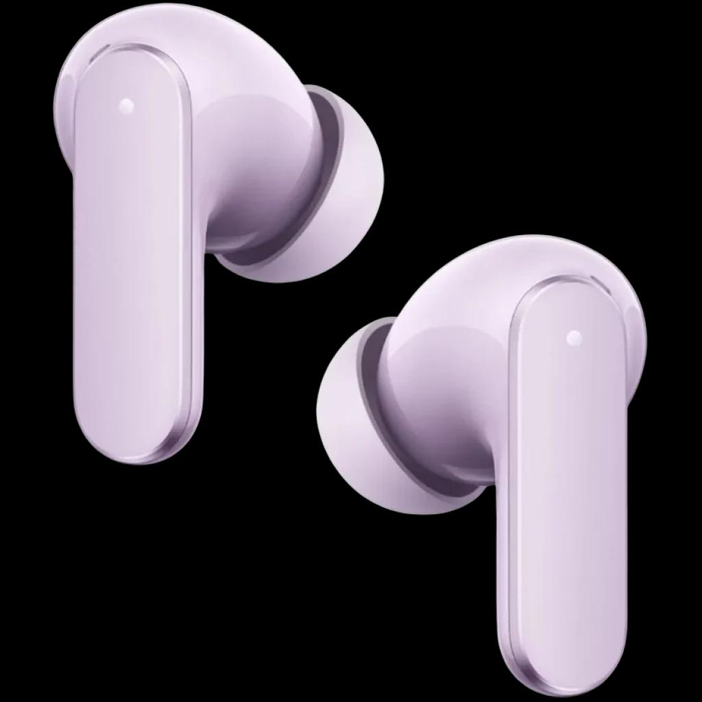 Auriculares TWS morados con diseño intrauditivo, acabado brillante y vástago recto; almohadillas de silicona y LED frontal en cada auricular