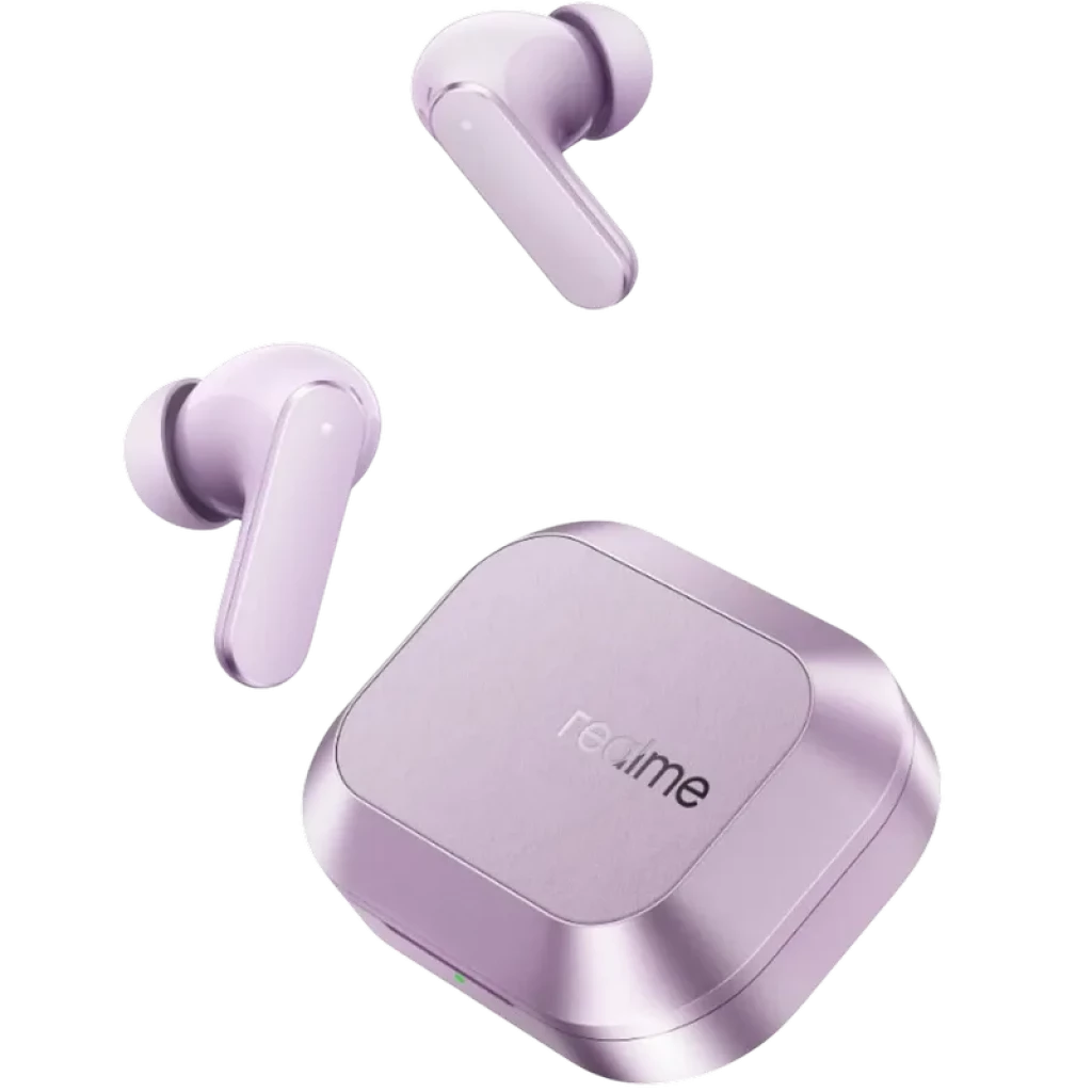 realme Buds Air 8 TWS Morado con estuche compacto mate, dos auriculares intrauditivos tipo palo, acabado metálico lila y logo realme centrado en la tapa
