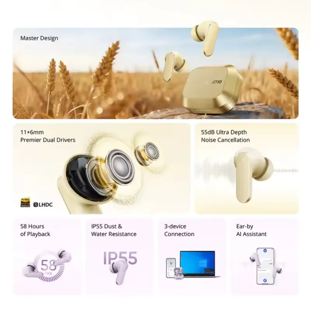 realme Buds Air 8 TWS morado con estuche compacto, diseño ergonómico tipo in-ear, almohadillas de silicona, micrófonos integrados y acabado satinado IP55