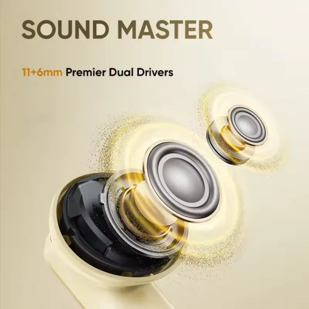 realme Buds Air 8 TWS Morado con drivers duales 11+6 mm en detalle, carcasa morada elegante, resaltando diafragmas metálicos y acabado premium