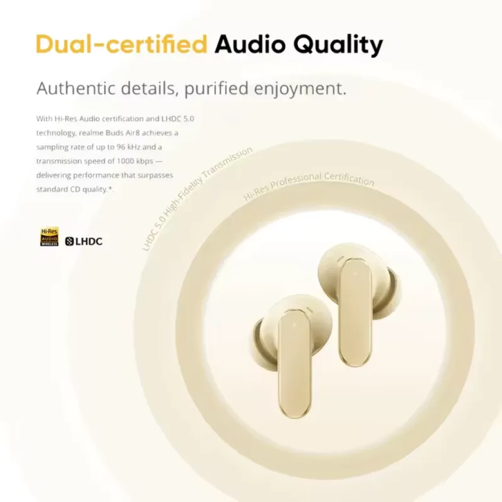 realme Buds Air 8 TWS morado en estuche ovalado; diseño in-ear con vástago corto, acabado mate, detalles metálicos, luz LED frontal y ajuste ergonómico