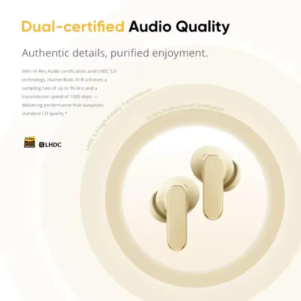 realme Buds Air 8 TWS morado en estuche ovalado; diseño in-ear con vástago corto, acabado mate, detalles metálicos, luz LED frontal y ajuste ergonómico