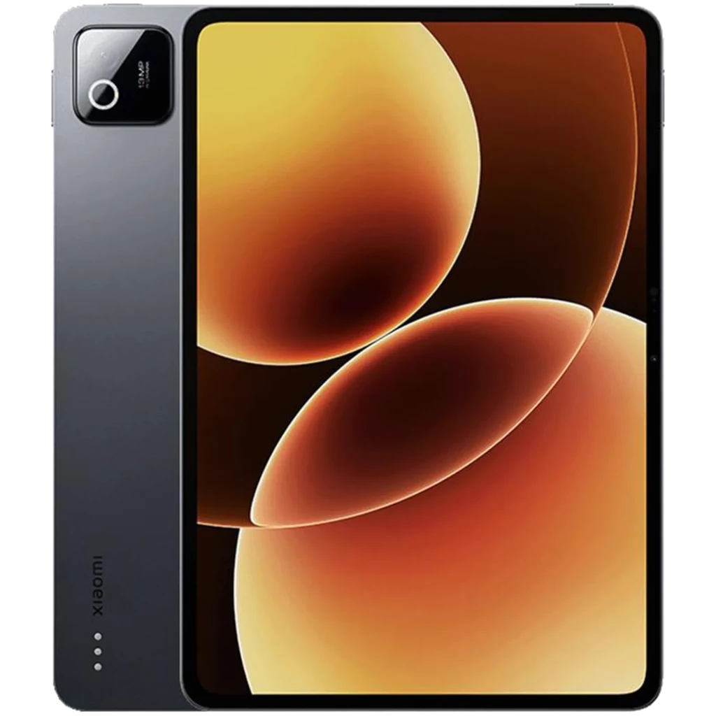 Xiaomi Pad 8 gris con pantalla amplia de biseles finos, cámara trasera cuadrada con flash, cuerpo metálico estilizado y logo Xiaomi lateral