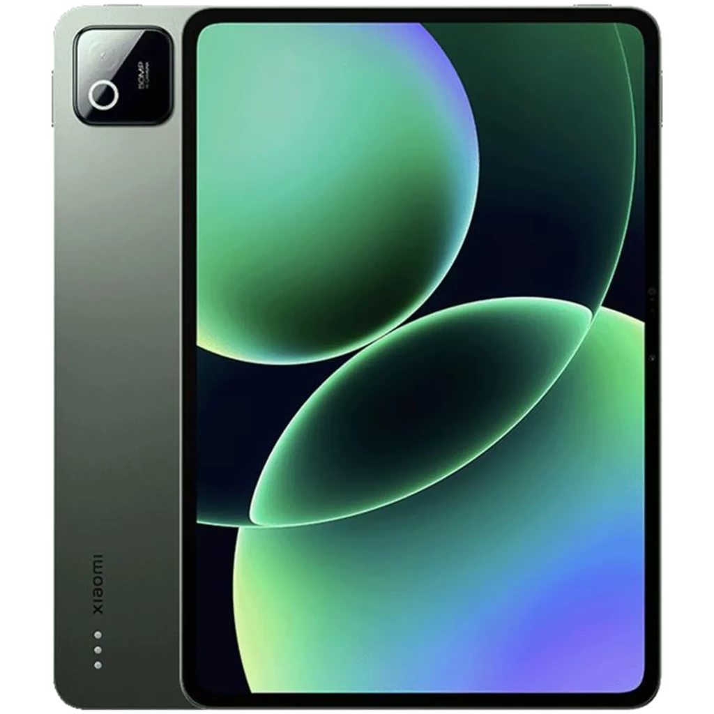 Xiaomi Pad 8 Pro verde con pantalla amplia de marcos delgados, cámara trasera grande con flash y acabado metálico elegante; logo Xiaomi en el lateral