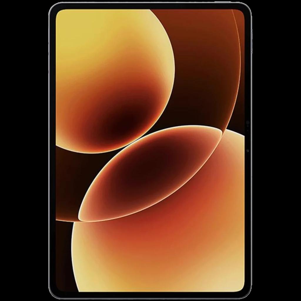 Tablet Xiaomi Pad 8 Pro gris con pantalla grande de bordes finos, frontal con fondo naranja degradado y marco delgado, diseño moderno y simétrico