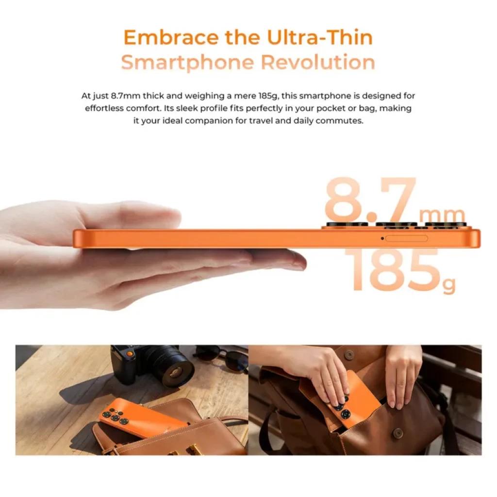 Smartphone ultrafino color naranja, 8.7 mm y 185 g, bordes planos y módulo de cámara trasero pronunciado; entra fácilmente en bolsos y bolsillos