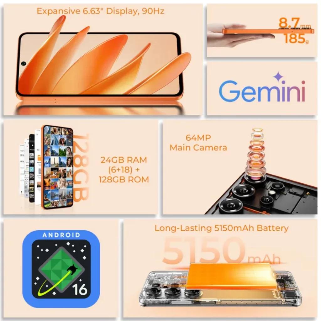 Oukitel C26 azul con pantalla de 6.63 pulgadas 90 Hz, módulo de cámara 64 MP, cuerpo delgado 8.7 mm y batería visible de 5150 mAh con diseño transparente