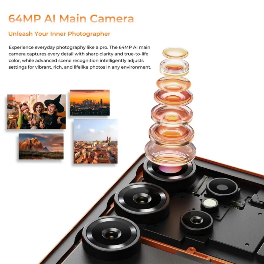 Módulo de cámara AI 64 MP con lentes apiladas, gran angular y macro; detalles nítidos y colores vivos, optimiza escenas para retratos, paisajes y baja luz