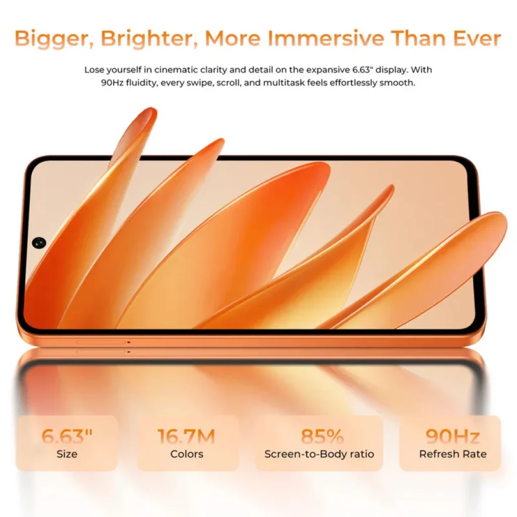 Pantalla 6.63 pulgadas con agujero frontal, bordes finos, 85 por ciento de pantalla, 90 Hz y 16.7M colores; diseño en naranja brillante, acabado liso