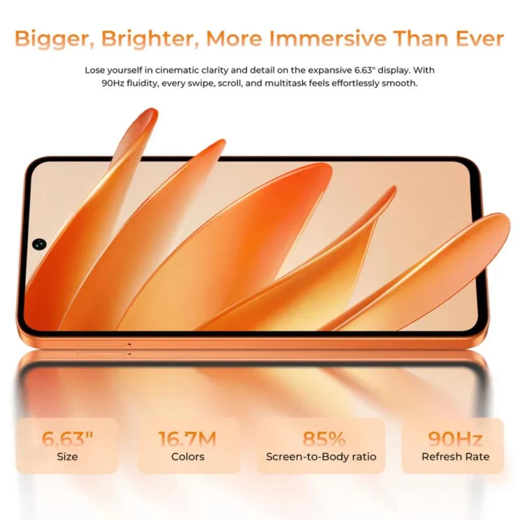 Pantalla 6.63 pulgadas con agujero frontal, bordes finos, 85 por ciento de pantalla, 90 Hz y 16.7M colores; diseño en naranja brillante, acabado liso