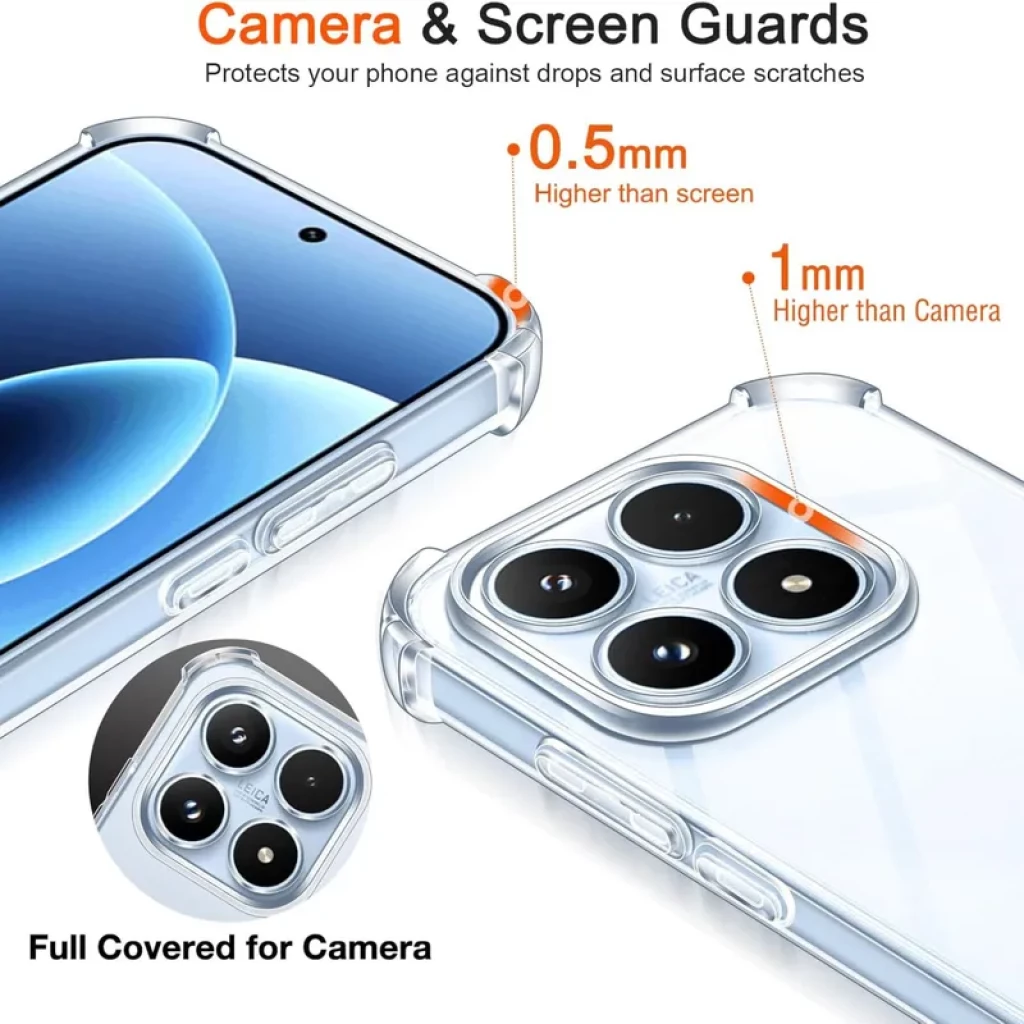 Funda de silicona Reinforced Xiaomi 17 transparente, bordes elevados 0.5 mm y 1 mm, protección 360°, refuerzos en esquinas y cobertura total de cámara