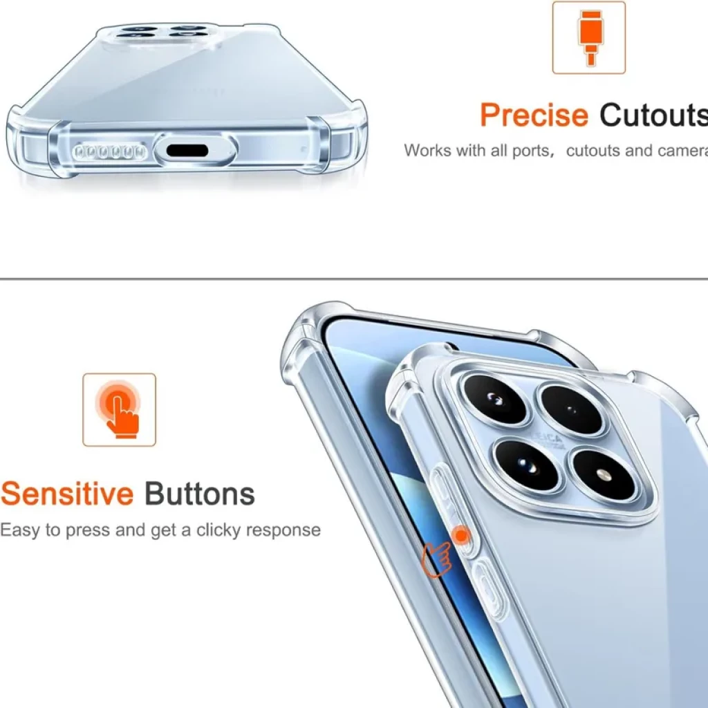 Funda de silicona Reinforced Xiaomi 17 transparente, bordes reforzados, botones sensibles, recortes precisos para puertos y cámara triple, protección