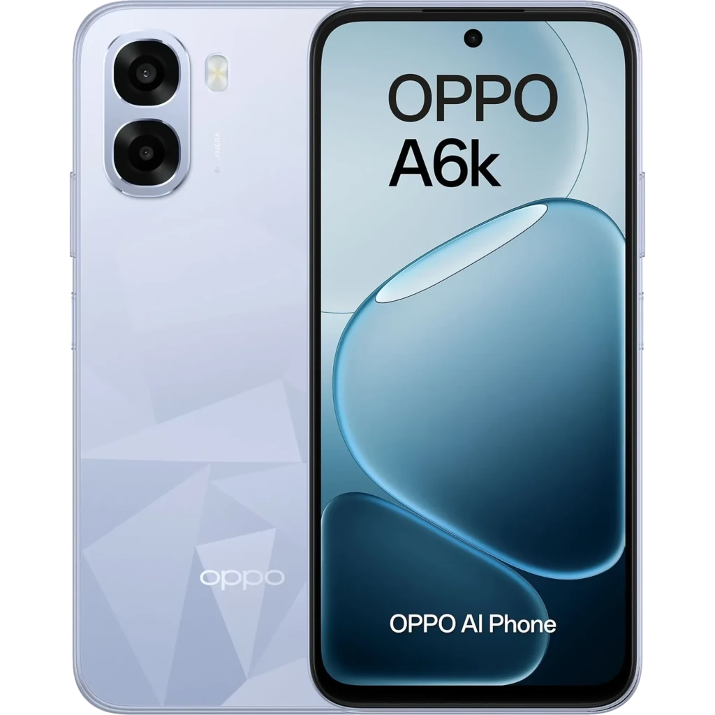 OPPO A6k azul con pantalla completa y biseles delgados, doble cámara trasera con anillos metálicos, acabado trasero geométrico brillante y logo OPPO