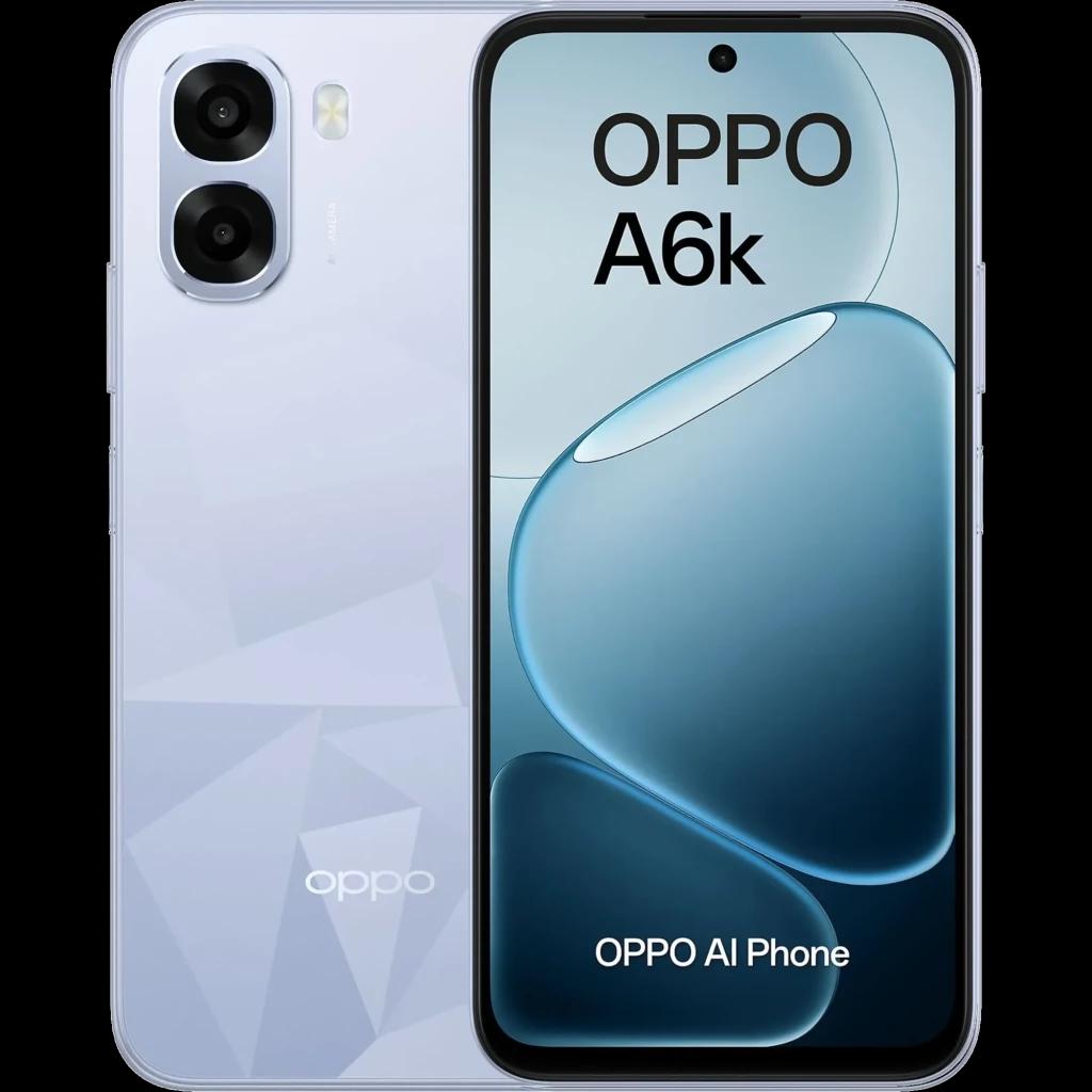 OPPO A6k bleu avec écran bord à bord, double module photo arrière proéminent, façade avec perçage central et dos géométrique brillant élégant
