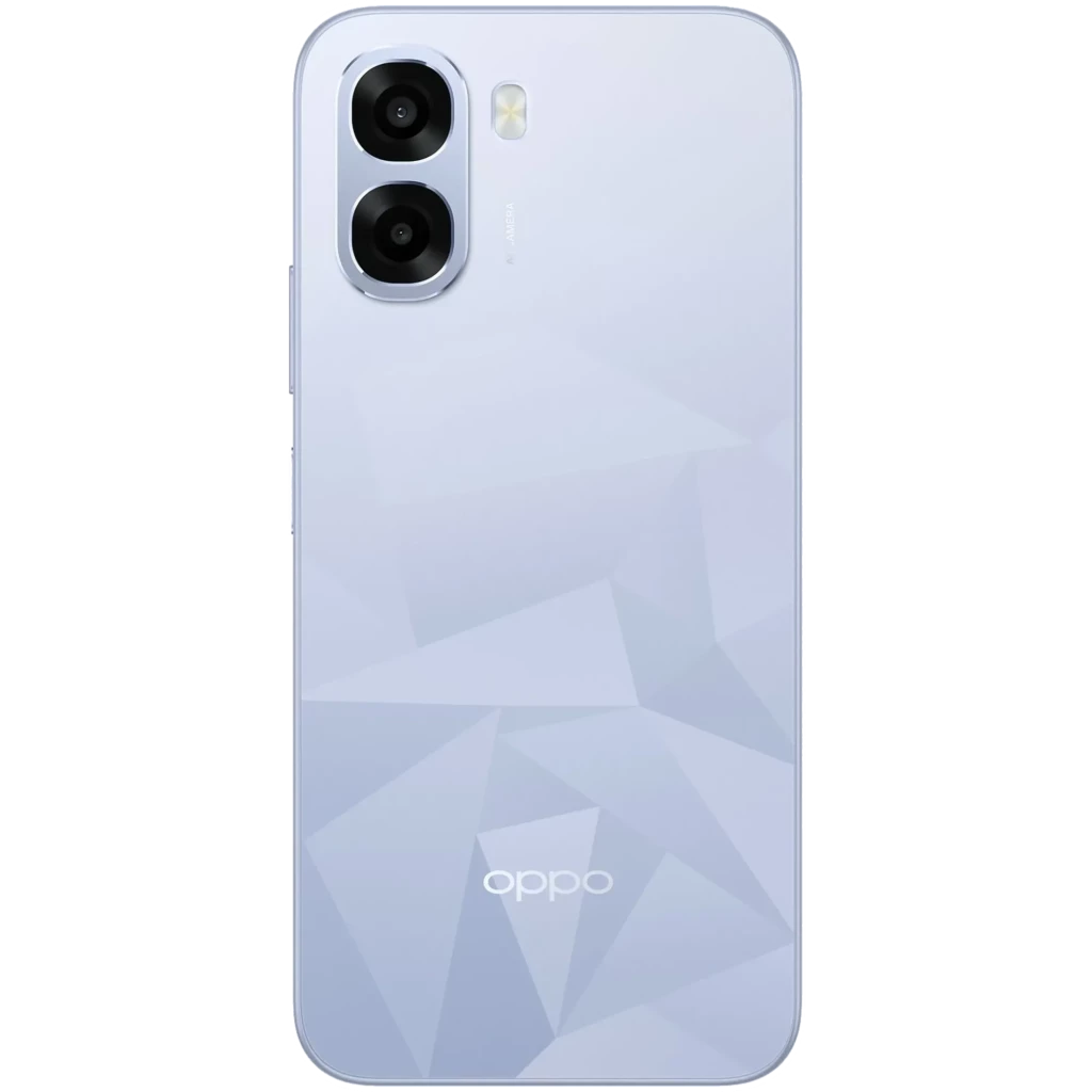 Dos de smartphone OPPO bleu pâle avec motif géométrique mat, module photo double grand format et logo OPPO centré en bas