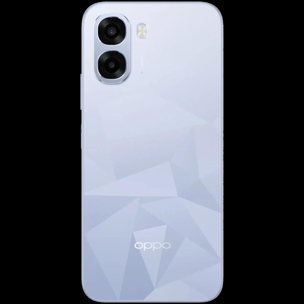 Dos de smartphone OPPO bleu pâle avec motif géométrique mat, module photo double grand format et logo OPPO centré en bas