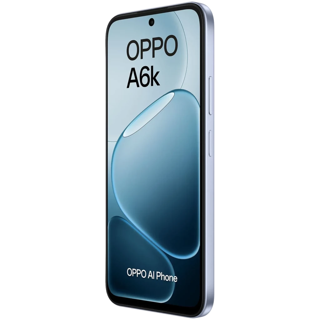 OPPO A6k bleu avec écran bord à bord poinçon centré, cadre métallique argenté, boutons latéraux discrets, design épuré et reflets glossy modernes
