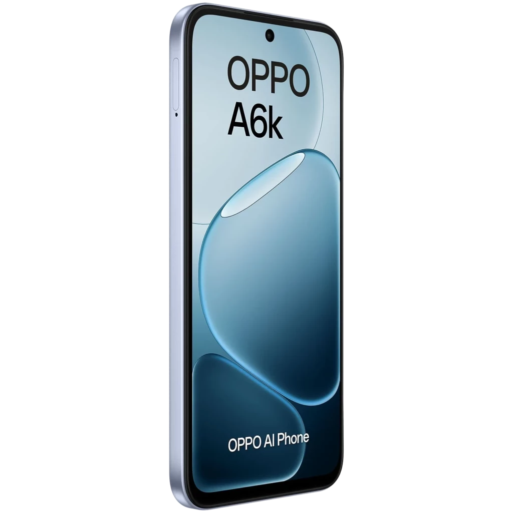OPPO A6k bleu avec écran bord à bord perforé au centre, bords fins argentés, profil mince et reflets dégradés bleus sur la façade