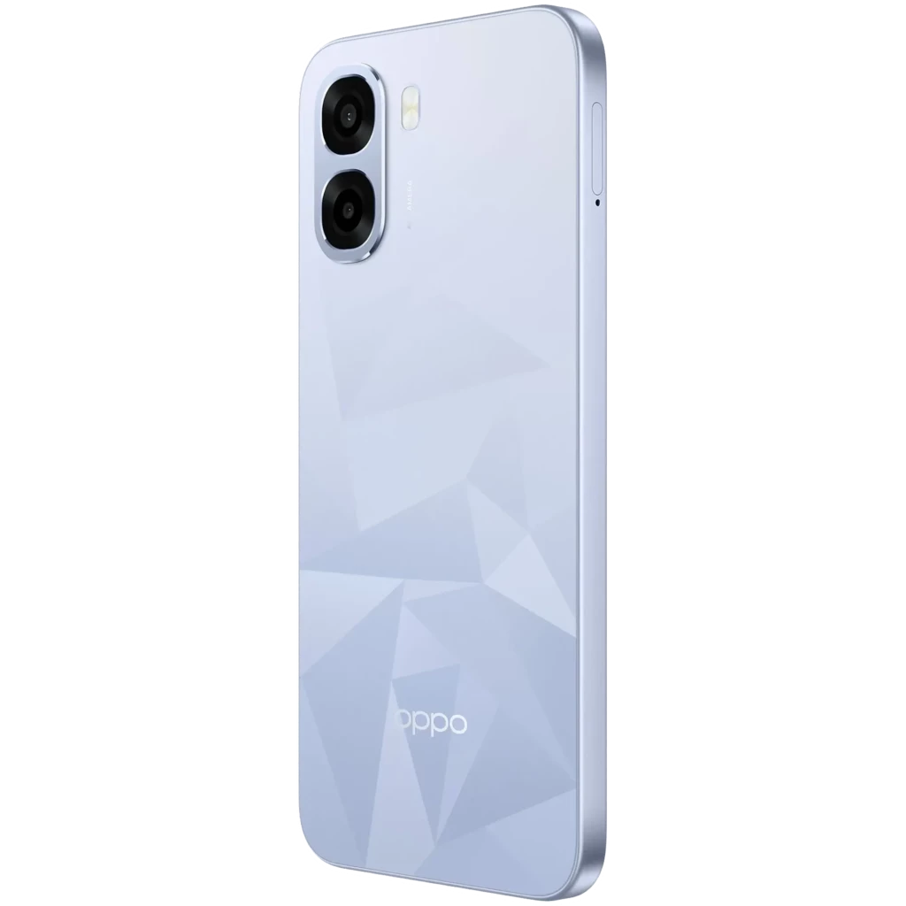 OPPO A6k bleu avec dos géométrique brillant, double module photo 50 Mpx proéminent, bords arrondis et cadre fin argenté, bouton latéral discret
