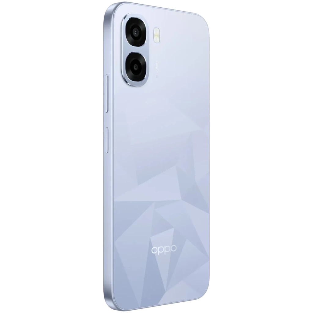 OPPO A6k bleu avec dos géométrique brillant, double module photo arrondi, bords plats métallisés, design fin et élégant