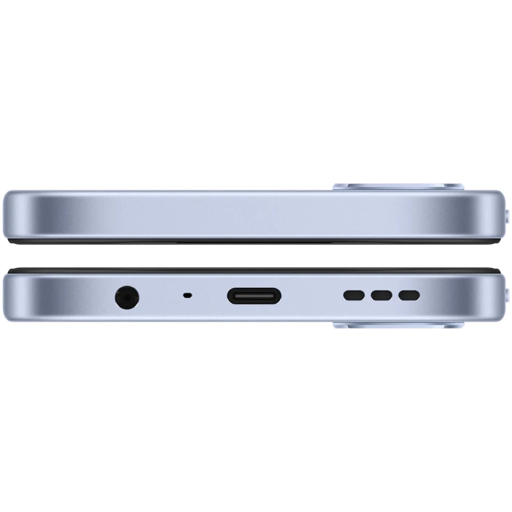 OPPO A6k bleu, tranches plates aluminium, port USB‑C centré, prise jack 3,5 mm, grilles haut‑parleur, module photo proéminent, finition mate élégante