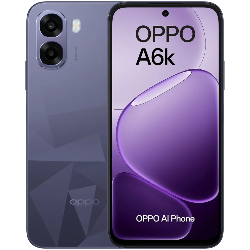 OPPO A6k noir avec écran LCD 6,75 pouces bord fin, double module photo arrière proéminent, façade perforée centrée, design géométrique mat élégant