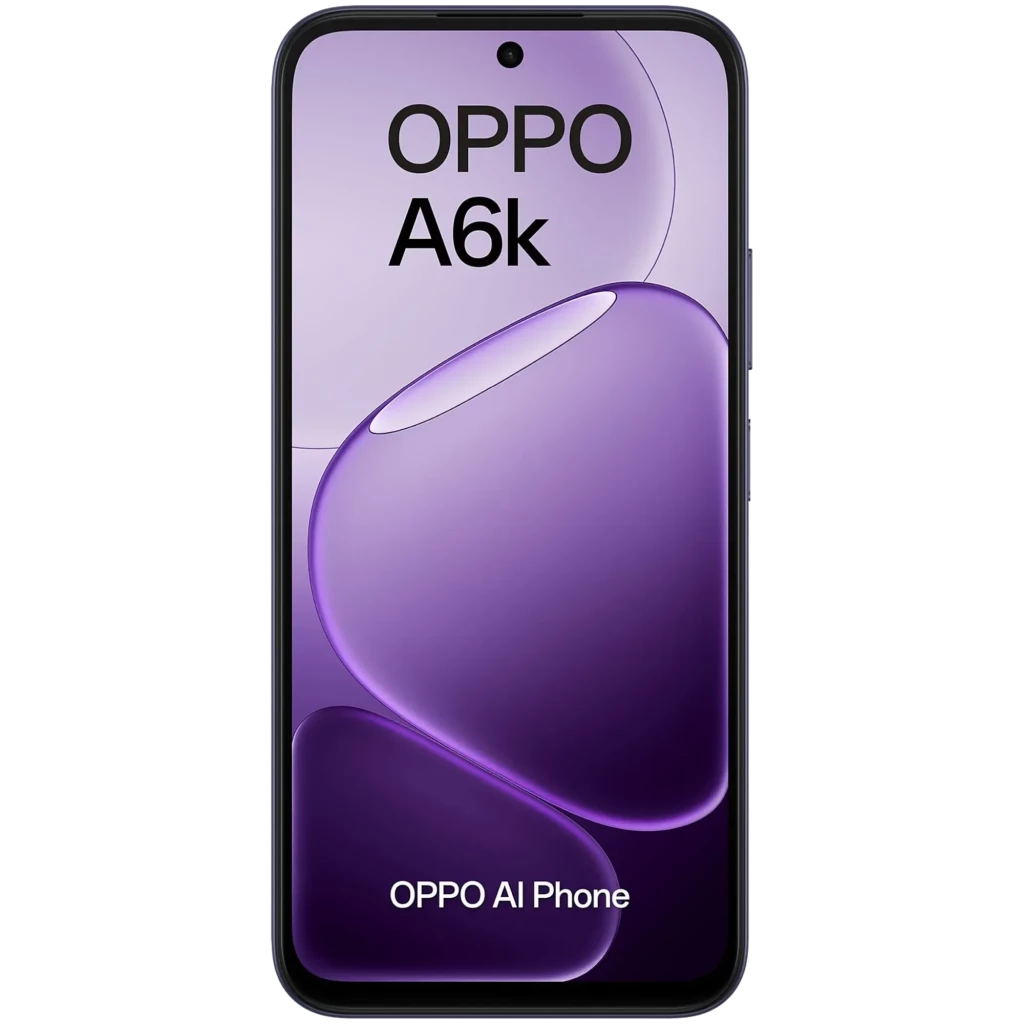 OPPO A6k noir avec grand écran LCD 6,75 pouces à bords fins, poinçon central pour la caméra frontale, interface violette affichant OPPO AI Phone et logo A6k