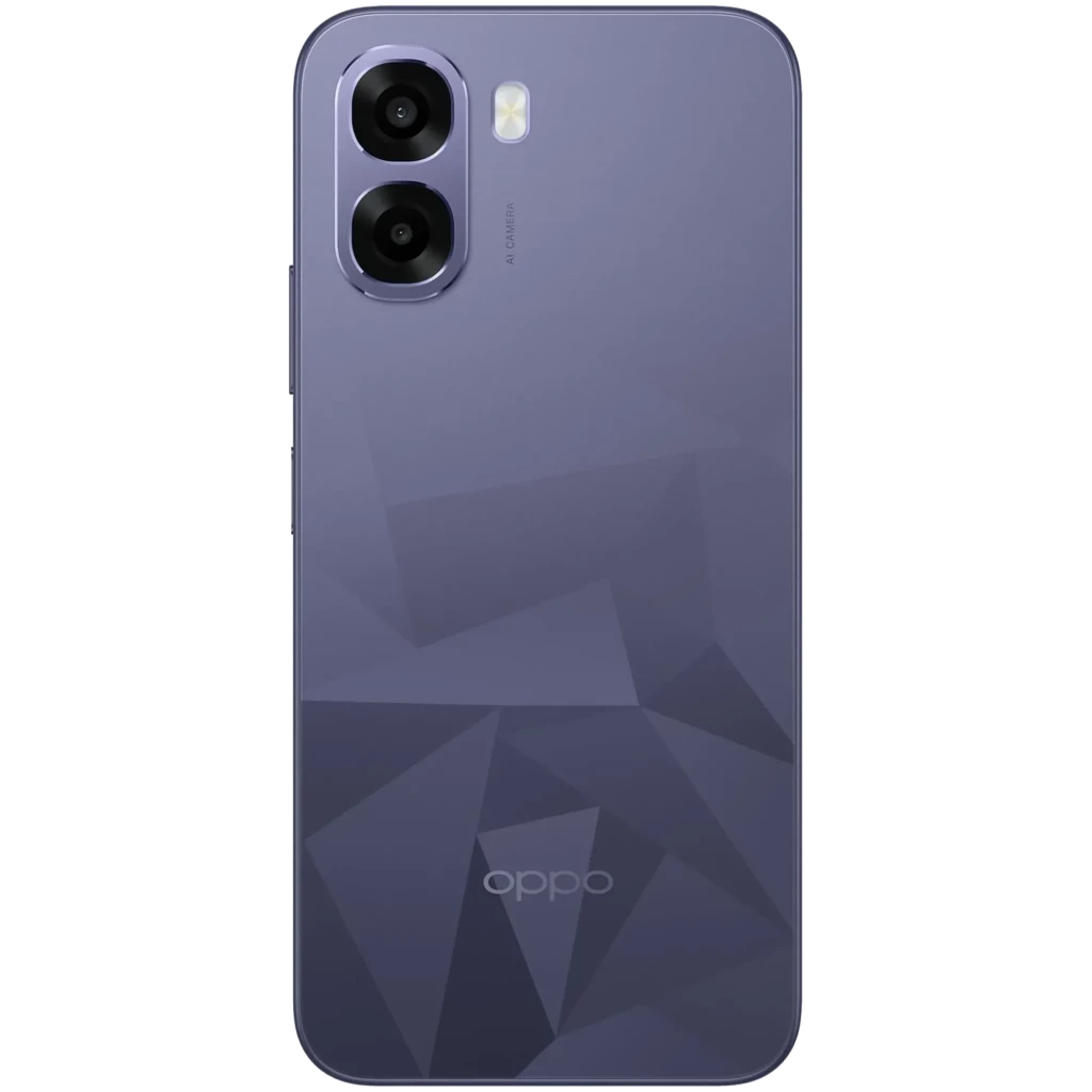 OPPO A6k noir avec dos géométrique mat, double appareil photo vertical avec flash, bords arrondis et logo OPPO discret en bas