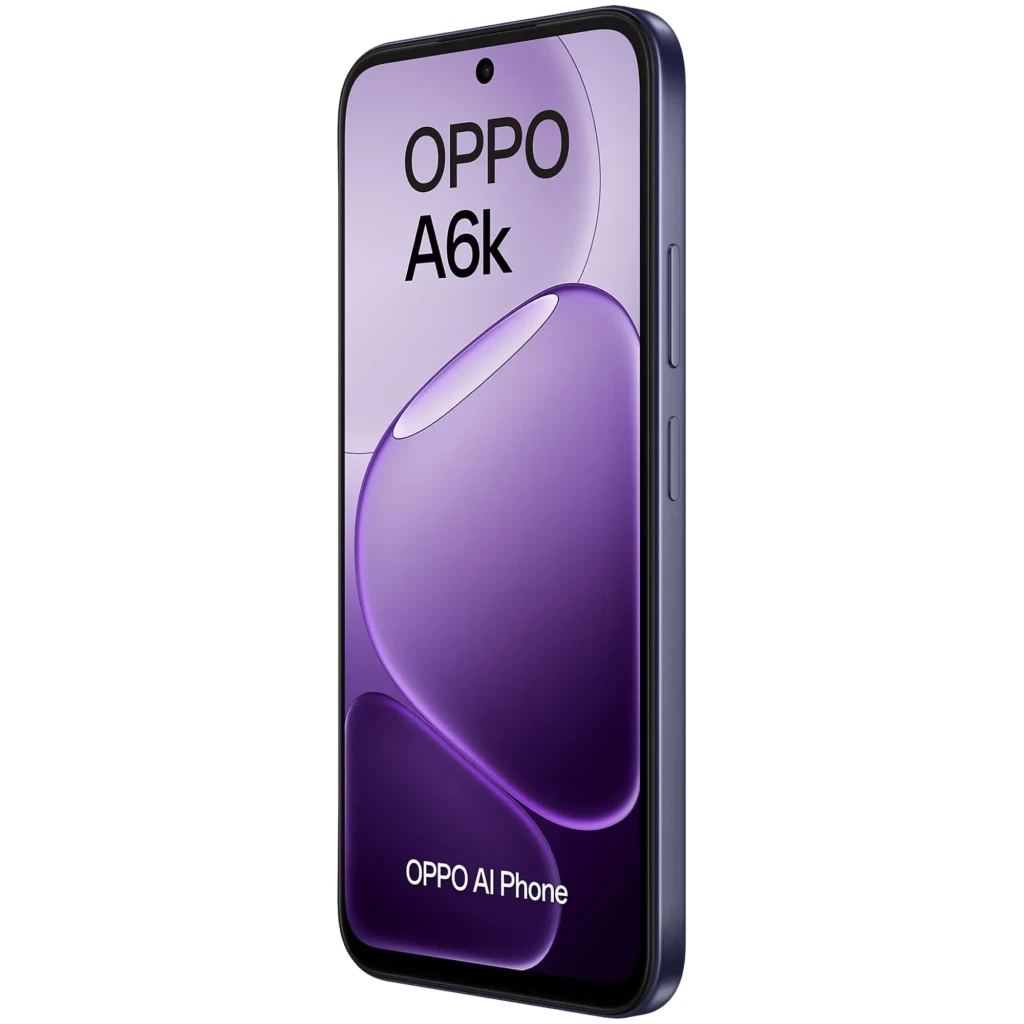 OPPO A6k 256 Go Noir smartphone fin avec écran LCD 6,75 pouces bord à bord, poinçon centré, cadre noir, boutons latéraux discrets, design violet brillant