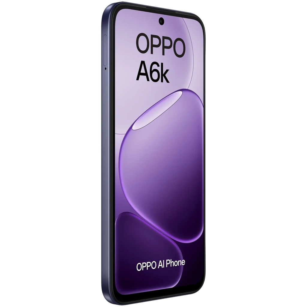 OPPO A6k noir avec grand écran LCD 6,75 pouces à bords fins, poinçon central pour la caméra avant, design mince et reflets violets élégants