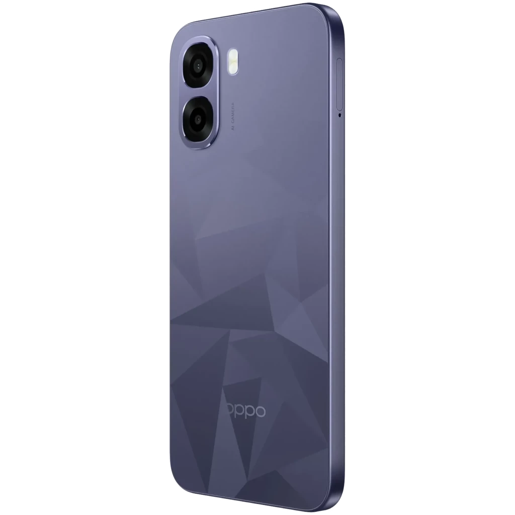 OPPO A6k noir avec dos texturé géométrique, double module photo vertical et flash LED, bords arrondis, finition mate élégante