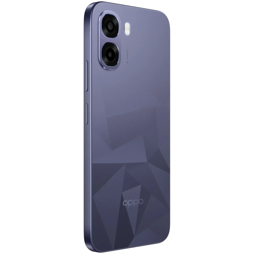 OPPO A6k noir avec dos géométrique mat, double appareil photo arrière proéminent, bords arrondis et finition élégante propice aux prises en main sûres