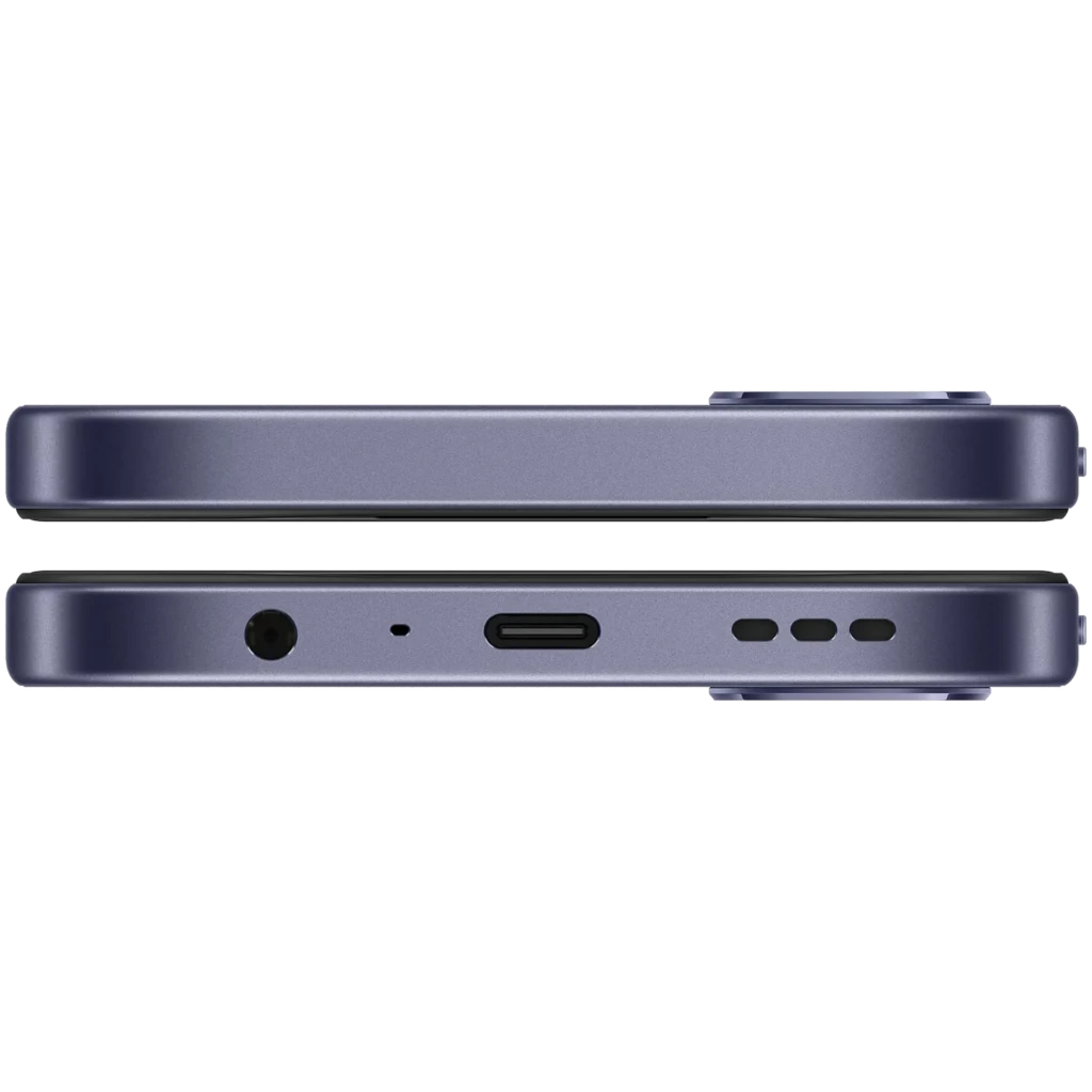 Bords plats couleur noir, port USB-C centré, prise jack 3,5 mm, micro et haut-parleurs ajourés, module photo arrière légèrement proéminent