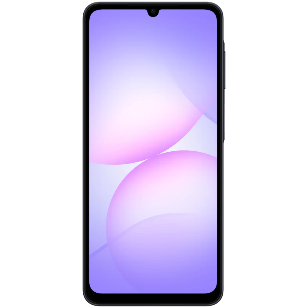 Samsung Galaxy A07 4G negro con pantalla PLS LCD HD+ de bordes delgados y notch en gota; frontal completo, diseño estilizado y marcos mínimos