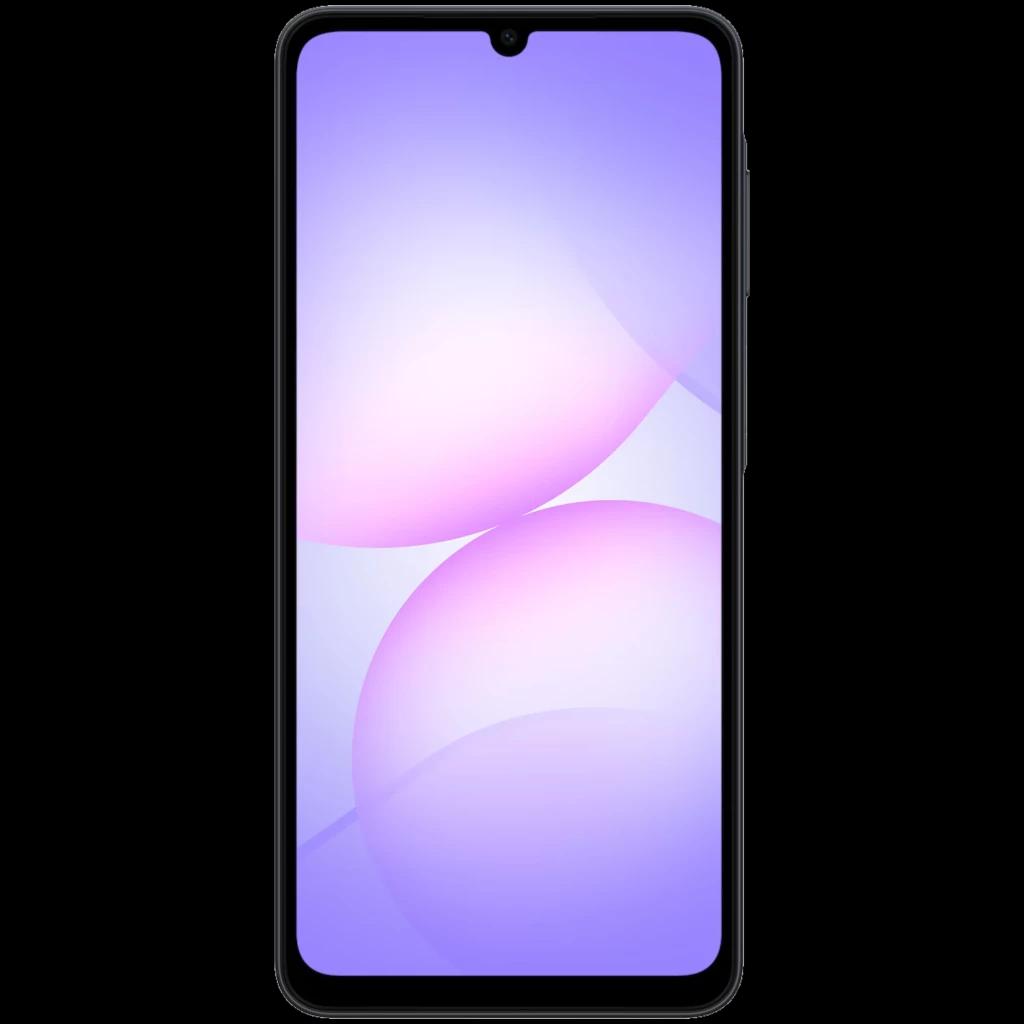 Samsung Galaxy A07 4G negro con pantalla PLS LCD HD+ de bordes delgados y notch en gota; frontal completo, diseño estilizado y marcos mínimos