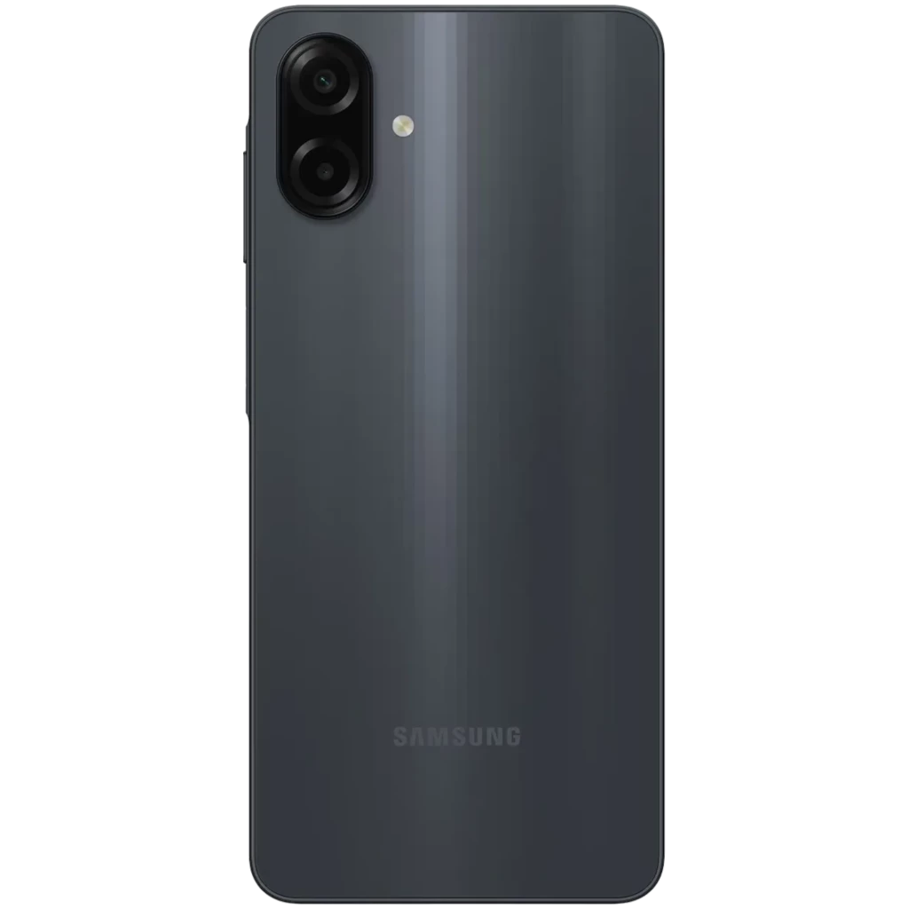 Samsung Galaxy A07 4G negro con tapa trasera brillante, doble cámara vertical con flash, bordes curvos y acabado pulido elegante