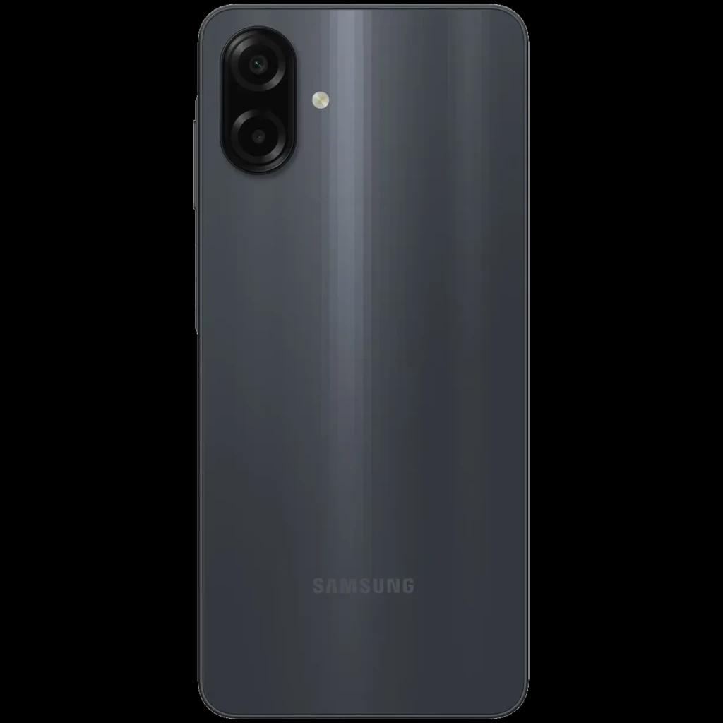 Samsung Galaxy A07 4G negro con tapa trasera brillante, doble cámara vertical con flash, bordes curvos y acabado pulido elegante