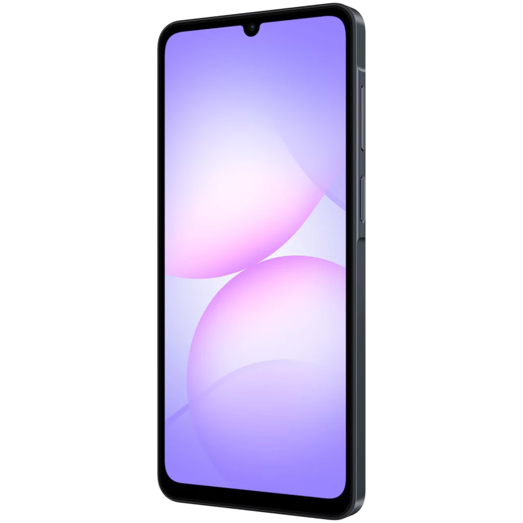 Samsung Galaxy A07 4G negro con pantalla PLS LCD HD+ de bordes finos y notch en V, marco delgado y botones laterales visibles en el costado derecho