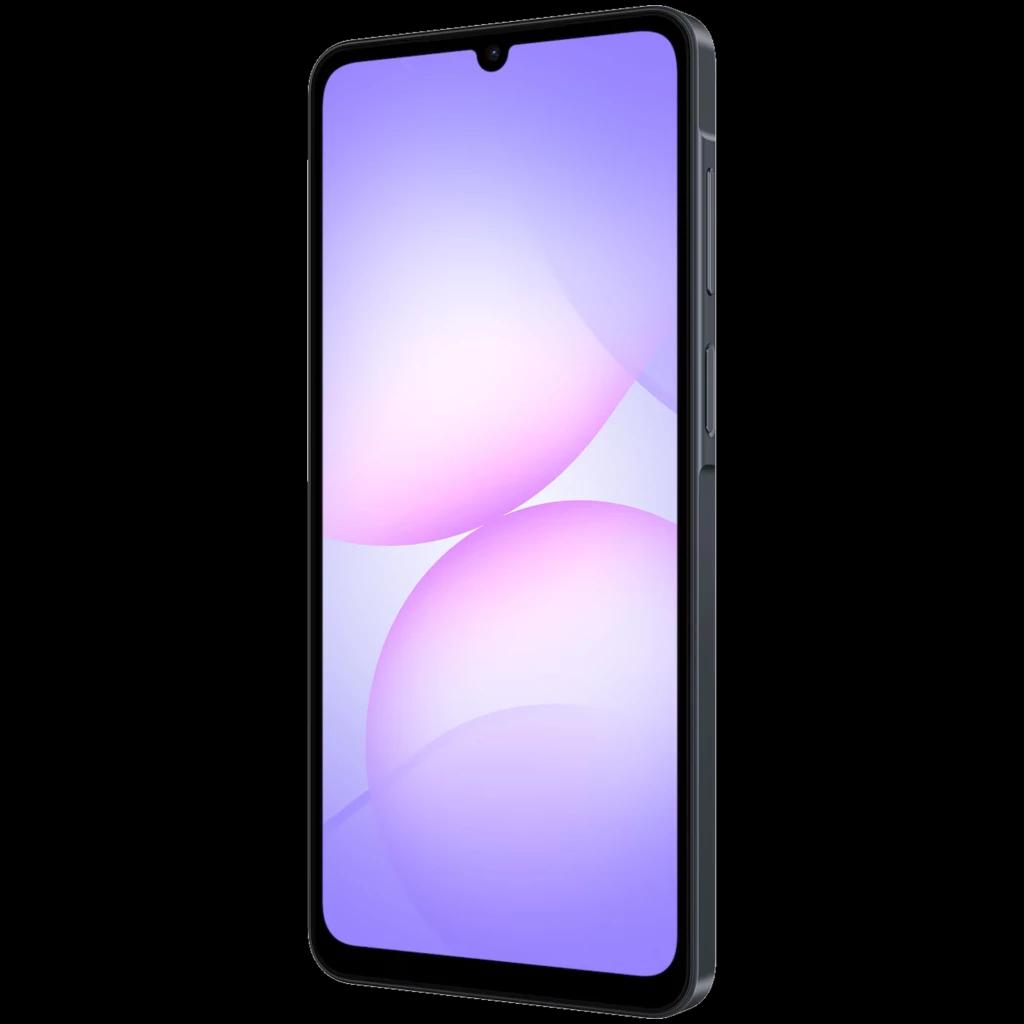 Samsung Galaxy A07 4G negro con pantalla PLS LCD HD+ de bordes finos y notch en V, marco delgado y botones laterales visibles en el costado derecho