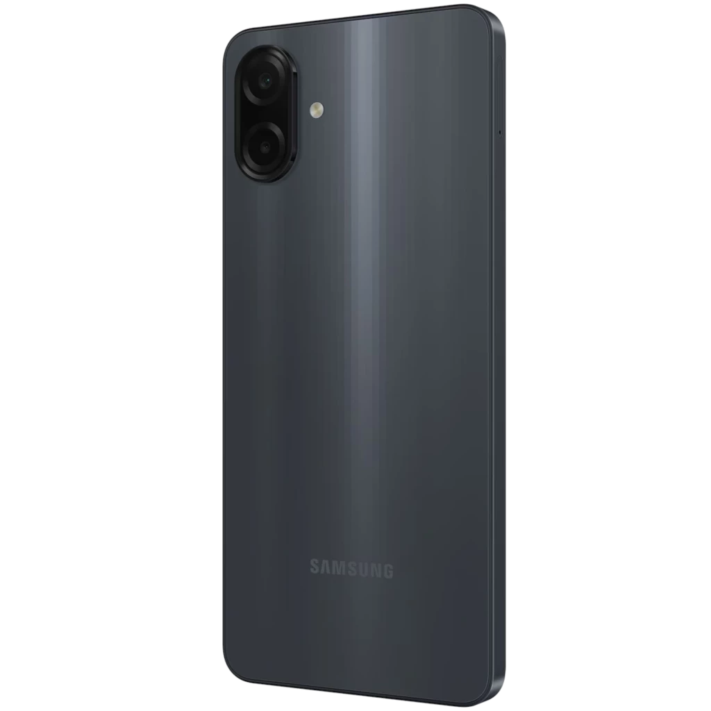 Samsung Galaxy A07 4G negro con trasera brillante y módulo dual de cámara vertical, lentes resaltadas y logotipo Samsung sutil en la parte inferior