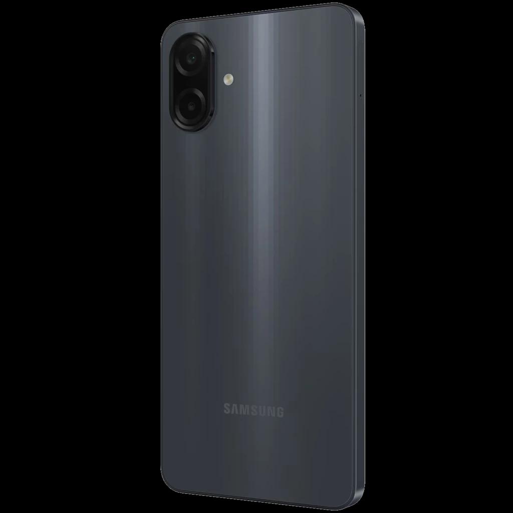 Samsung Galaxy A07 4G negro con trasera brillante y módulo dual de cámara vertical, lentes resaltadas y logotipo Samsung sutil en la parte inferior