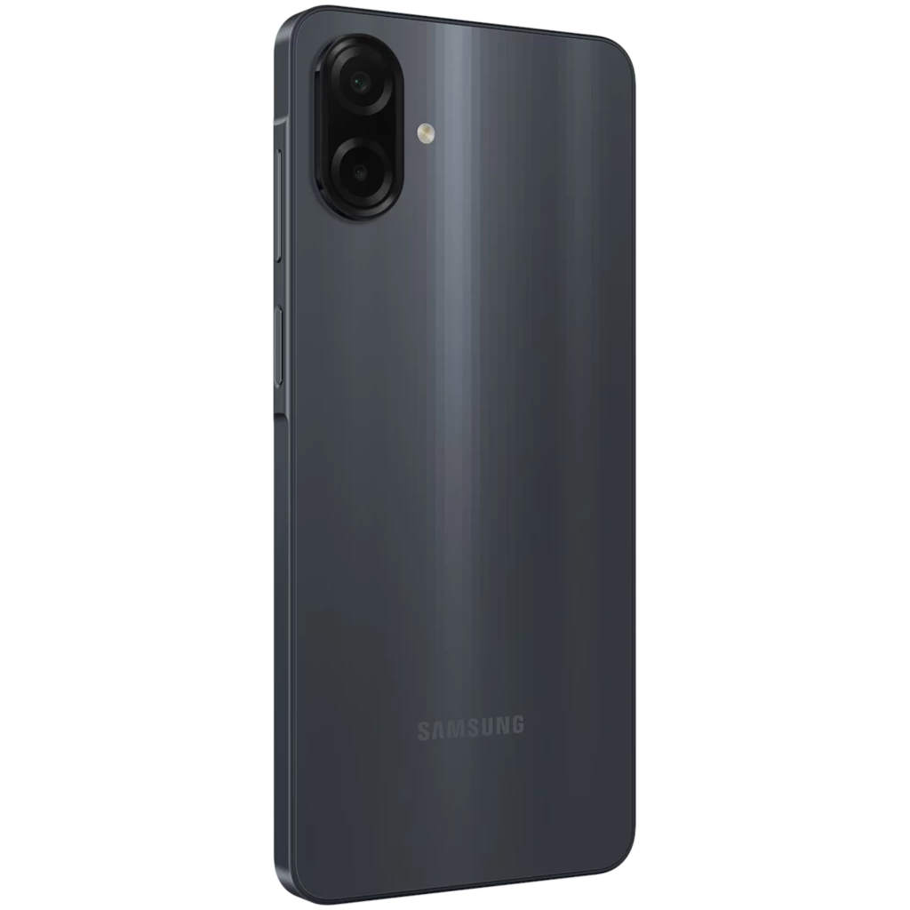 Samsung Galaxy A07 4G negro, acabado brillante, doble cámara trasera vertical con 50MP, bordes rectos y módulo de lentes saliente, diseño elegante y delgado