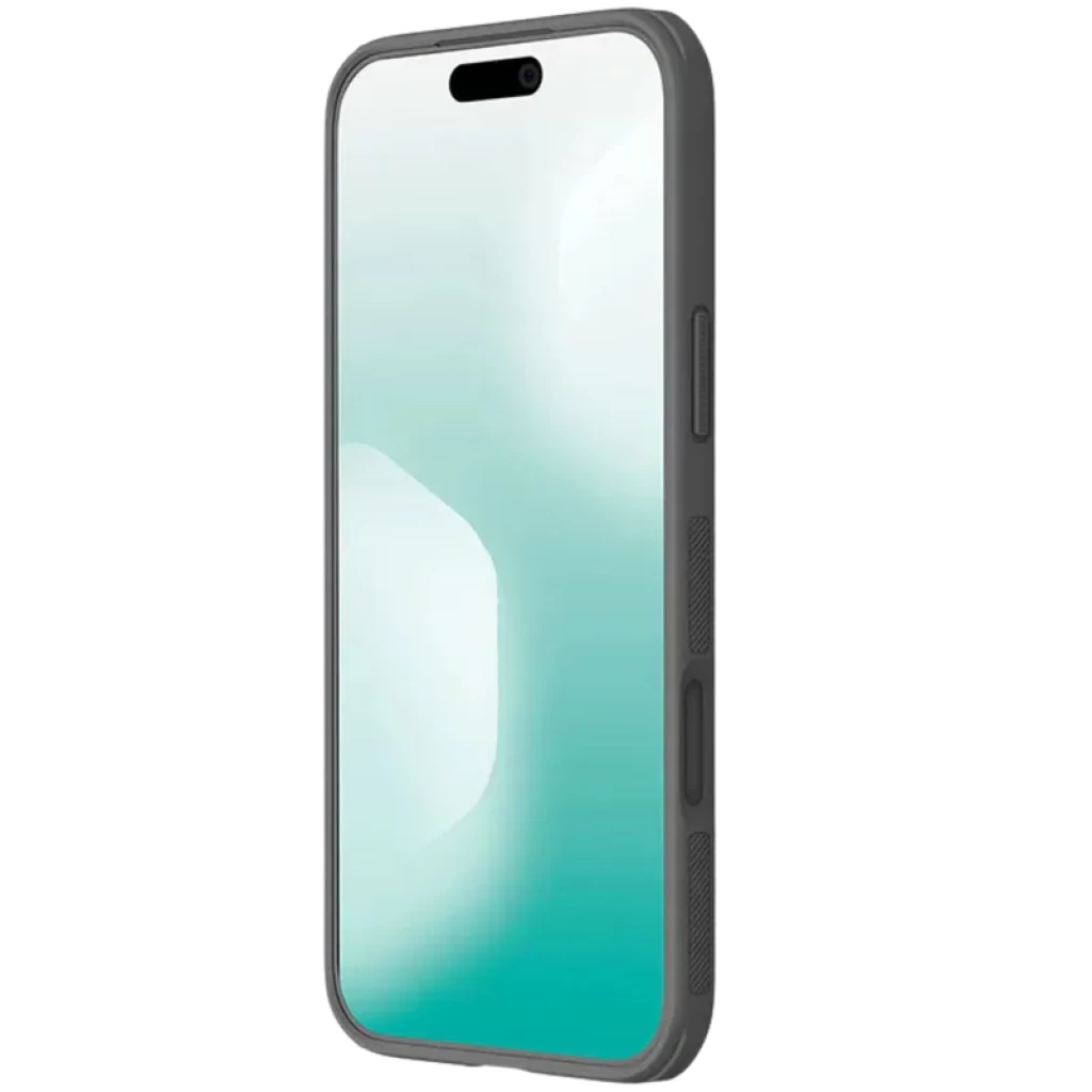 Funda gris titanio con borde elevado, botones texturizados y agarre antideslizante para iPhone 17 Pro; diseño delgado y protección de pantalla y cámaras