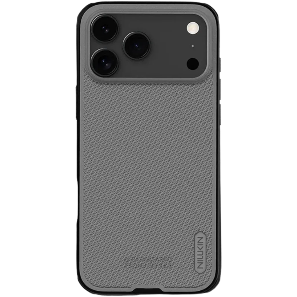Nillkin Funda Super Frosted Shield Pro para iPhone 17 Pro Max en gris titanio, textura antideslizante, acabado mate, bordes reforzados y recorte de cámara