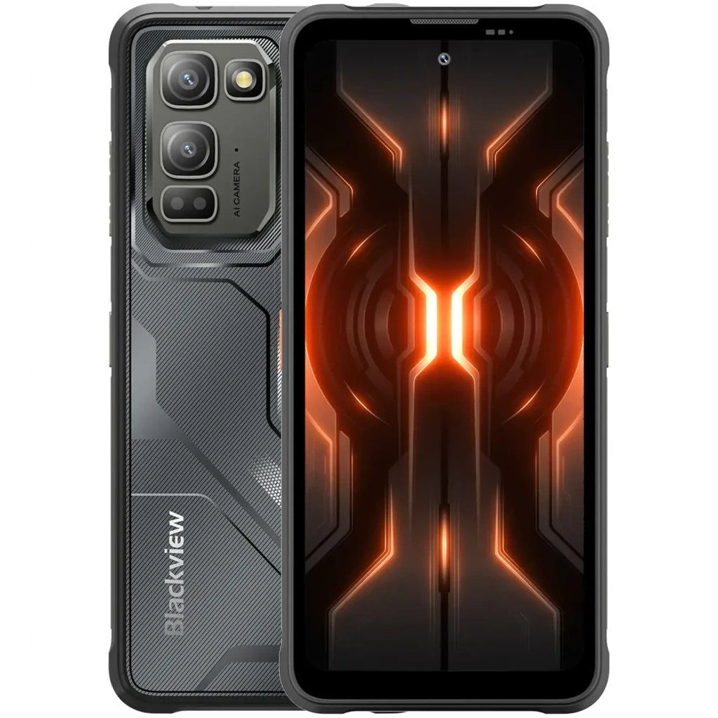 Smartphone Blackview Fort 5 negro con diseño robusto, triple cámara trasera con sensor 108 MP, pantalla con biseles gruesos y detalles luminosos naranjas