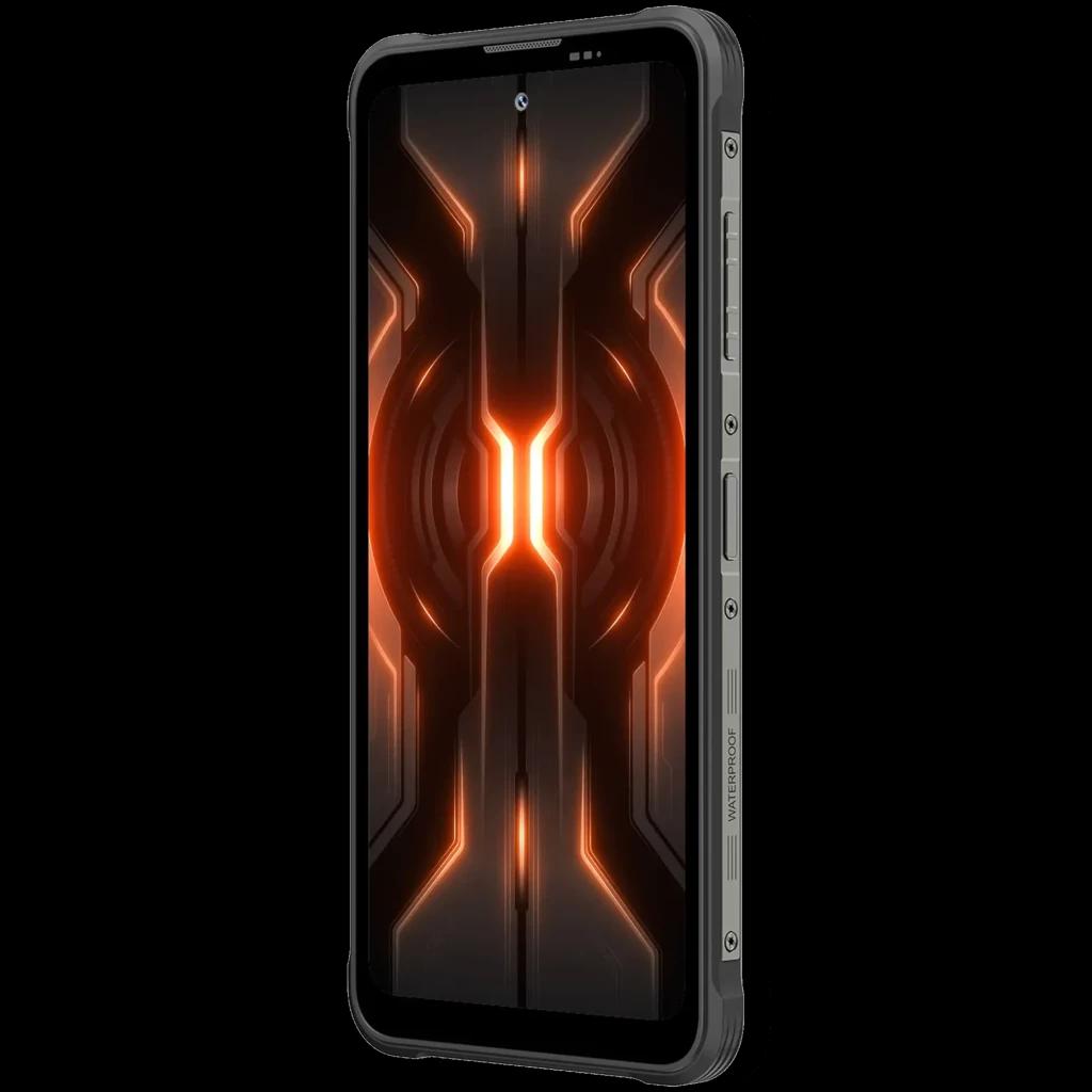 Smartphone Blackview Fort 5 preto robusto com tela grande, bordas reforçadas e design futurista laranja no display; botões laterais e moldura metálica