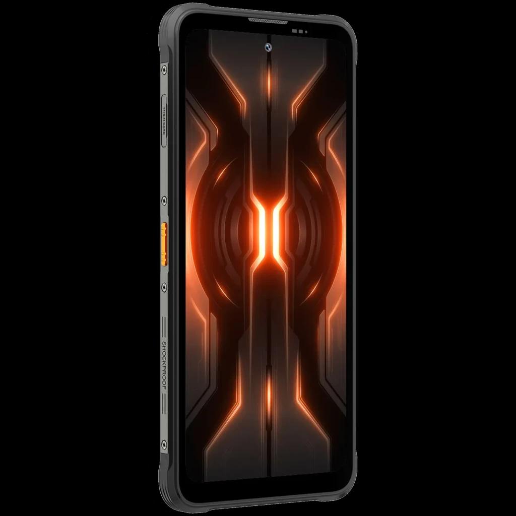 Blackview Fort 5 256 GB preto com tela grande e bordas reforçadas, botão lateral laranja, design robusto e painel frontal com brilho laranja futurista