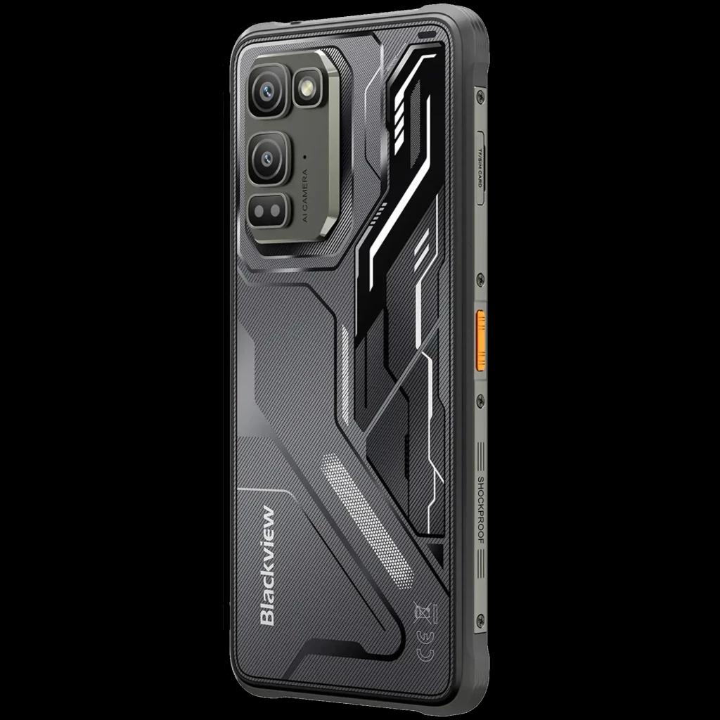 Smartphone Blackview Fort 5 preto robusto, traseira texturizada, módulo triplo de câmeras com 108 MP, laterais reforçadas com botões laranja e acabamento