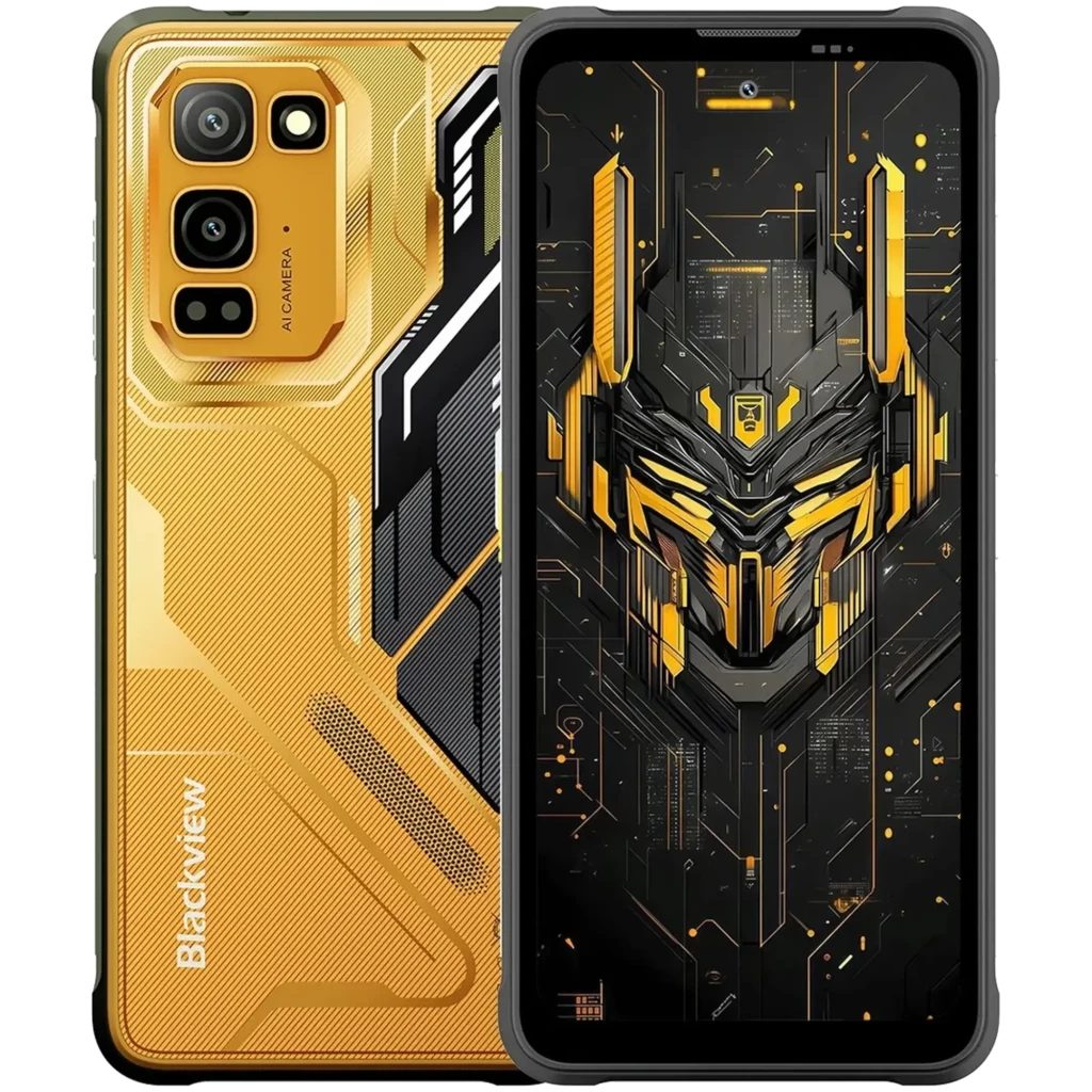 Blackview Fort 5 amarillo robusto con triple cámara trasera, textura metálica y frontal con pantalla FullHD+ de bordes reforzados y diseño tecnológico